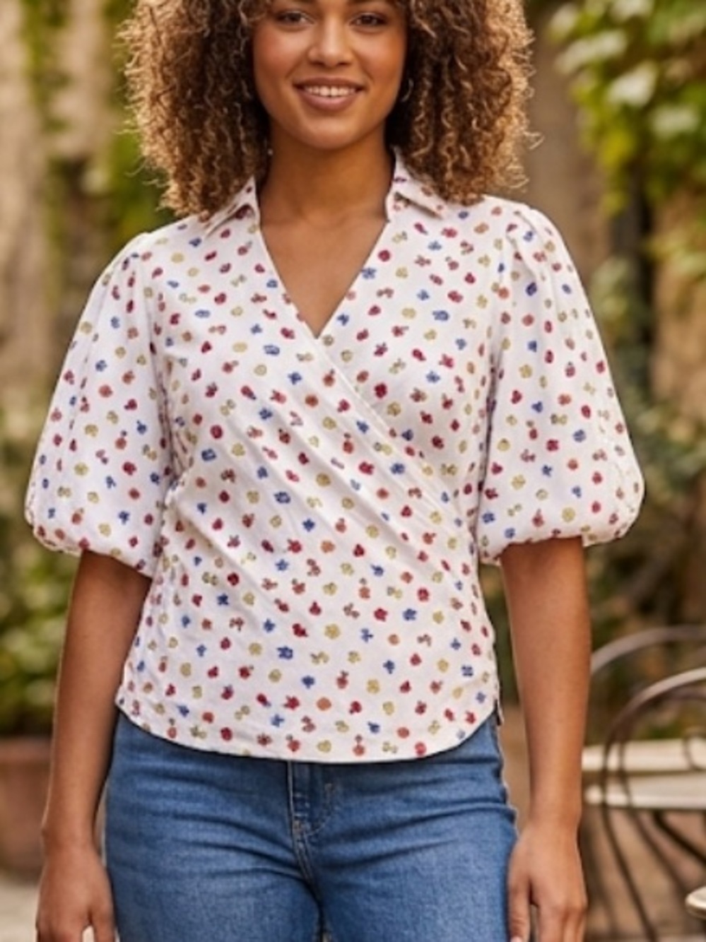 Tahari White Floral Print Puff Short Sleeve Wrap Top Blouse Pleated V-Neck